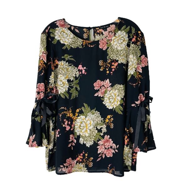 Lily Black white pink floral cottagecore romantic bow popover top large - Picture 1 of 8